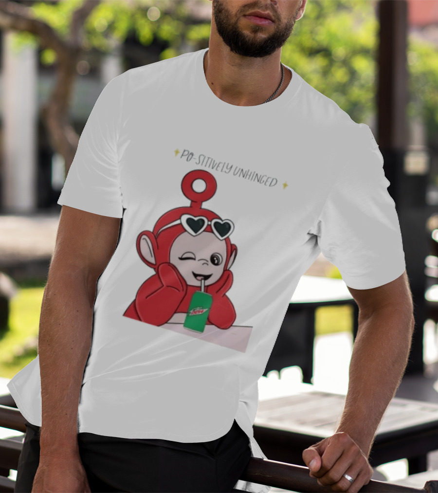 Po Sitively Unhinged Funny Red Teletubby Heart Sunglasses Drinking Mtn Dew T-Shirt