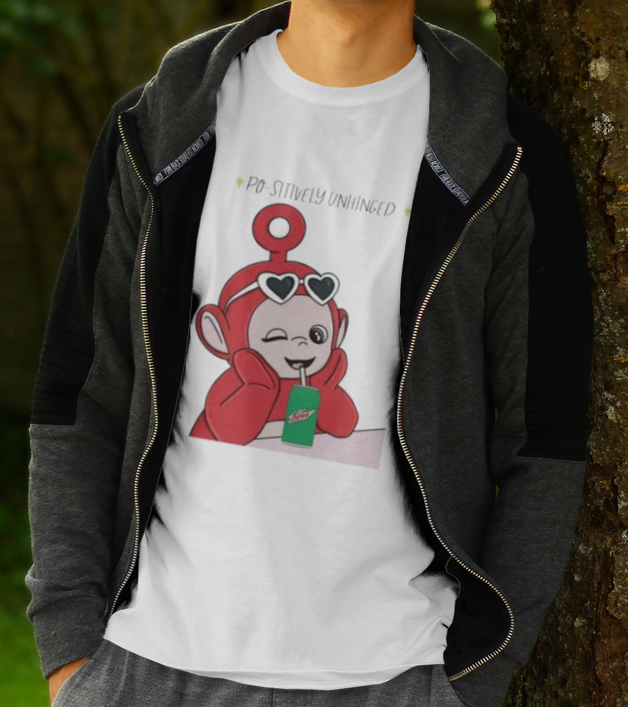 Po Sitively Unhinged Funny Red Teletubby Heart Sunglasses Drinking Mtn Dew T-Shirt