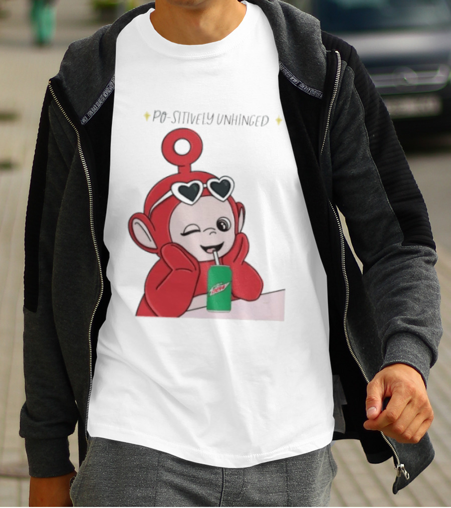 Po Sitively Unhinged Funny Red Teletubby Heart Sunglasses Drinking Mtn Dew T-Shirt