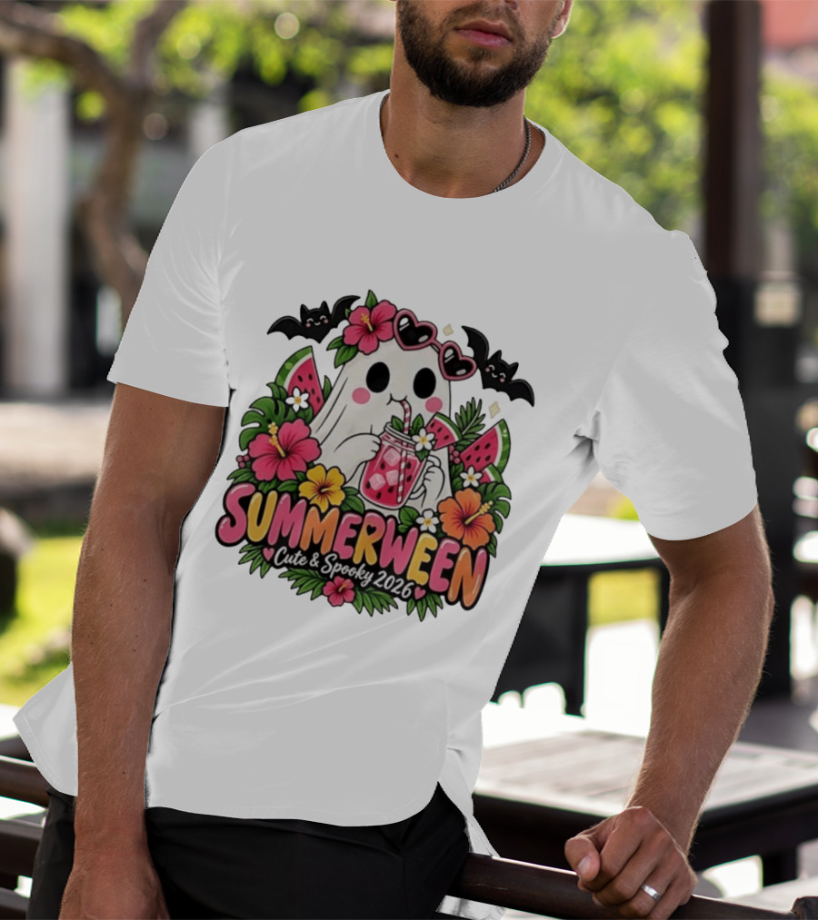 Summerween Cute And Spooky 2026 Ghost With Tropical Flowers And Bats T-Shirt