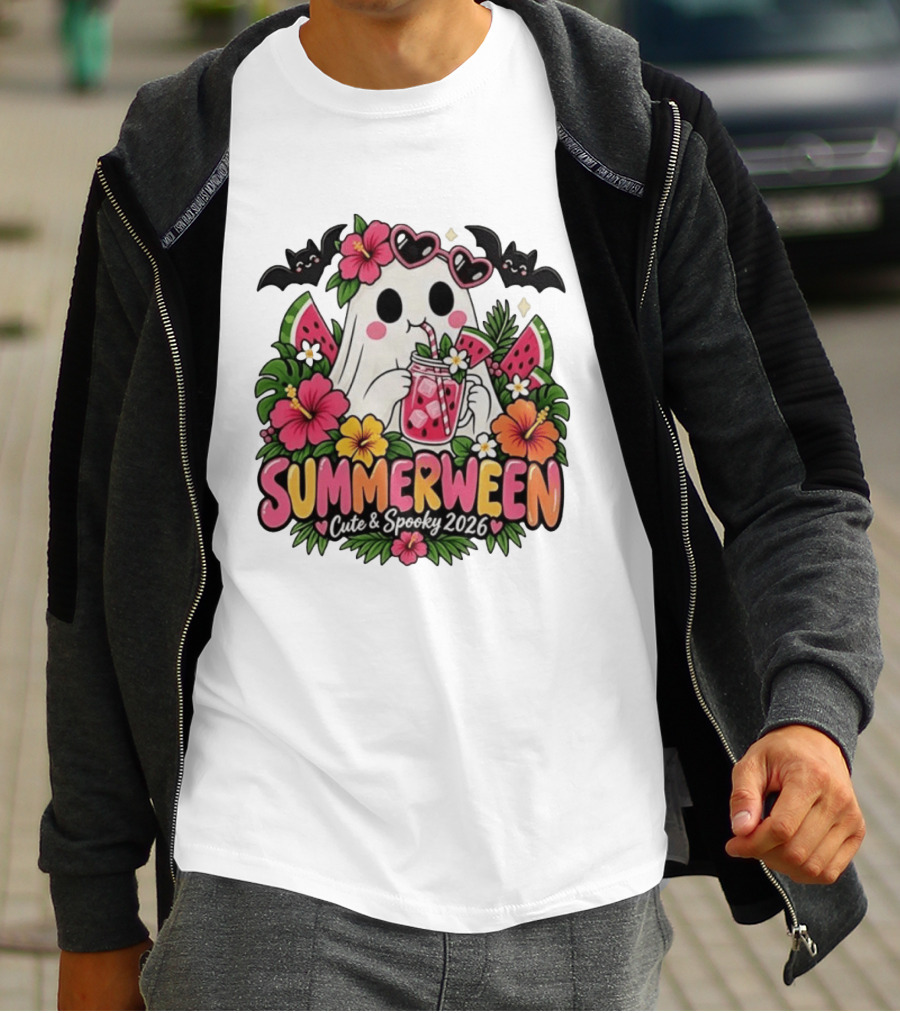 Summerween Cute And Spooky 2026 Ghost With Tropical Flowers And Bats T-Shirt