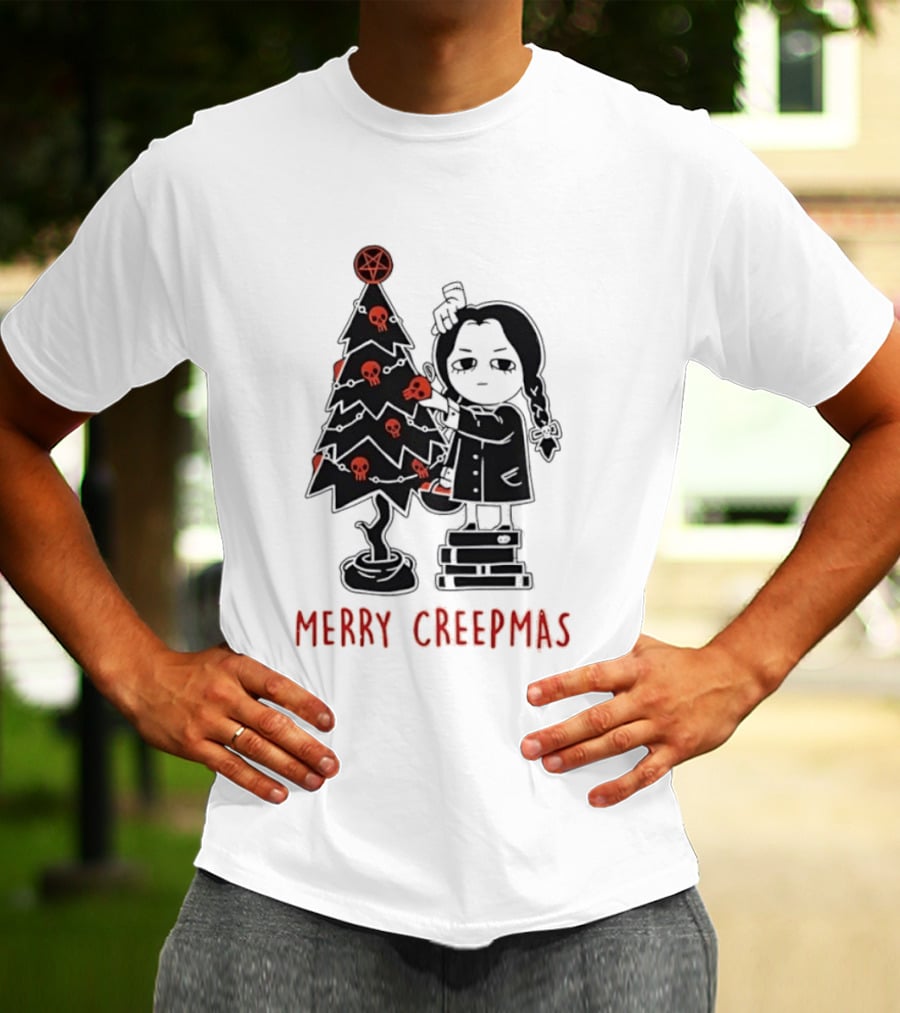 Wednesday Addams Merry Creepmas Goth Christmas Skulls Tree T-Shirt