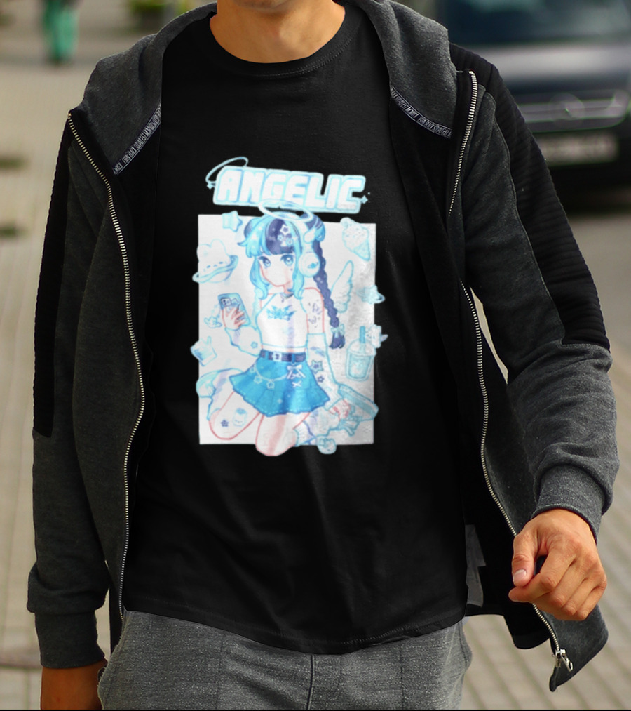 Angelic Anime Girl Halo Wings Headphones Cute Aesthetic Kawaii T-Shirt