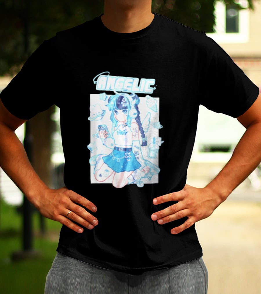 Angelic Anime Girl Halo Wings Headphones Cute Aesthetic Kawaii T-Shirt