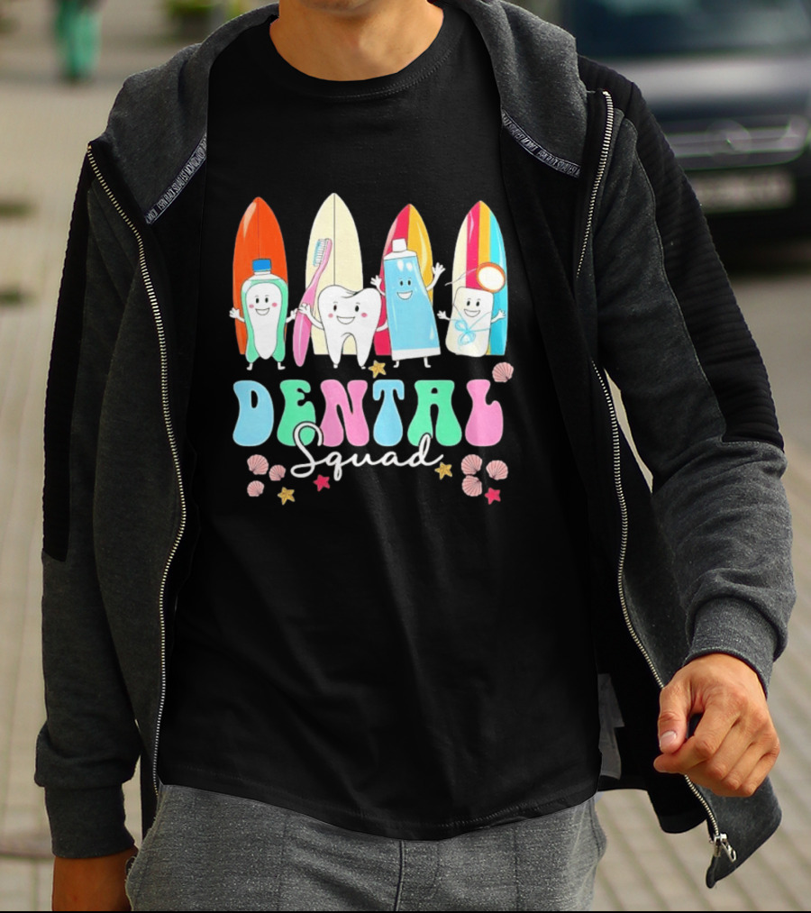 Dental Squad Toothpaste Toothbrush Floss Surfboards Fun Playful T-Shirt