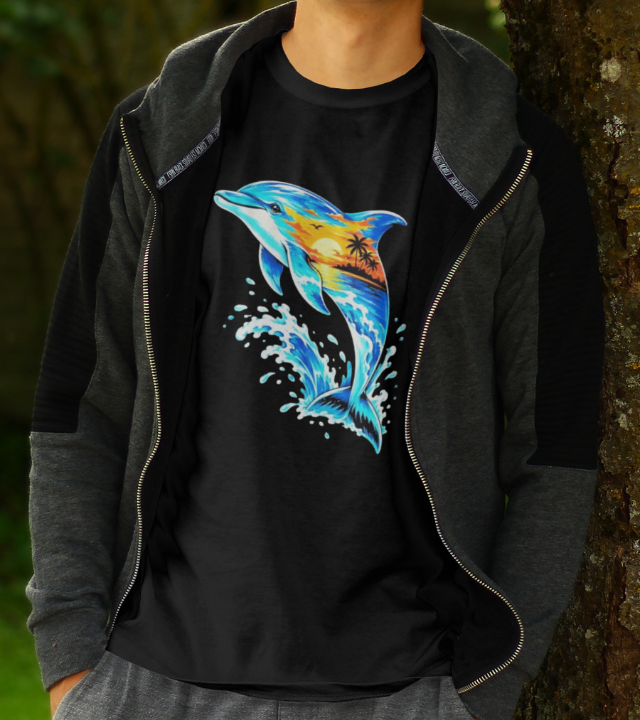 Tropical Sunset Dolphin Ocean Wave Marine Life Scene T-Shirt