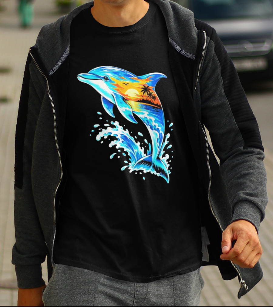 Tropical Sunset Dolphin Ocean Wave Marine Life Scene T-Shirt