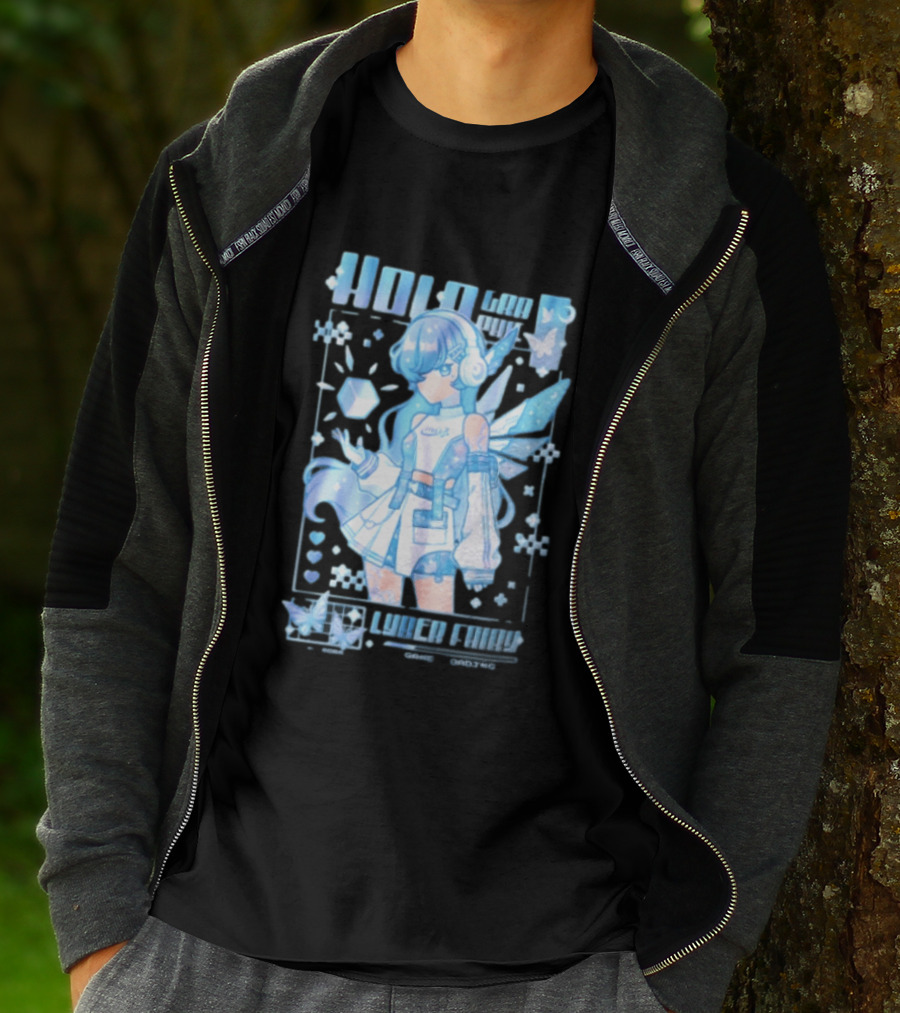 Holographic Cyber Fairy Game Loading Anime Girl Headphones Wings Butterflies Cube T-Shirt