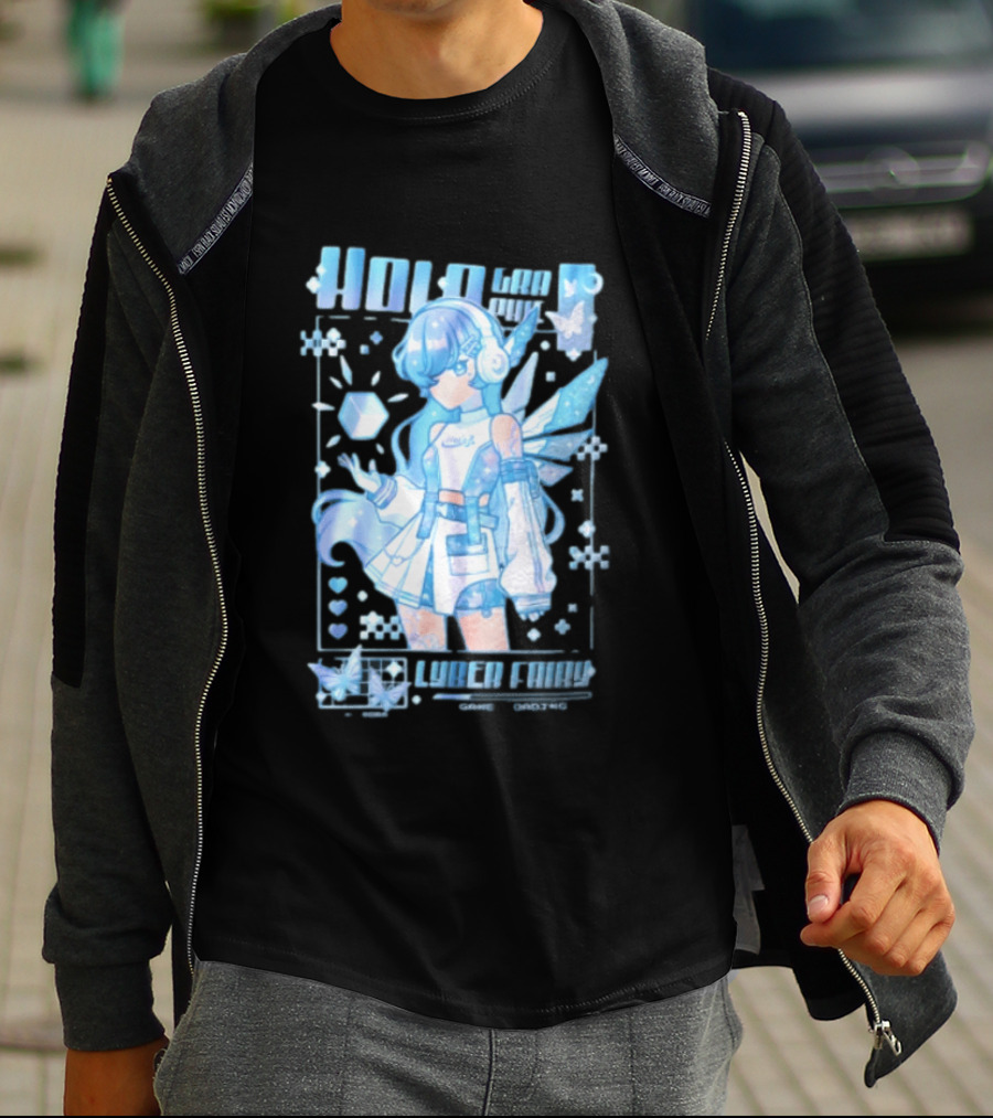 Holographic Cyber Fairy Game Loading Anime Girl Headphones Wings Butterflies Cube T-Shirt