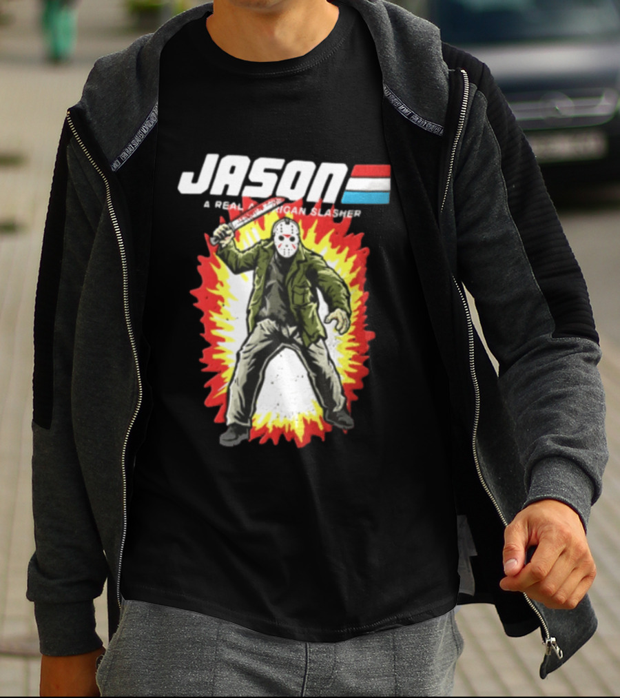 Jason A Real American Slasher Hockey Mask Machete Man Explosion T-Shirt