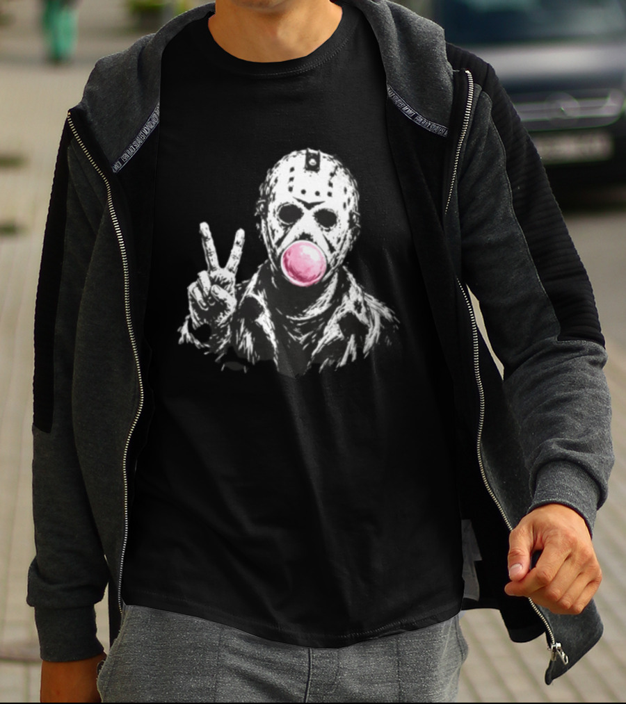 Jason Voorhees Hockey Mask Peace Sign Bubble Gum T-Shirt