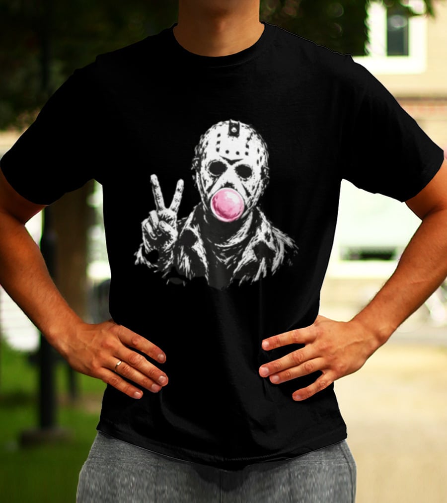 Jason Voorhees Hockey Mask Peace Sign Bubble Gum T-Shirt