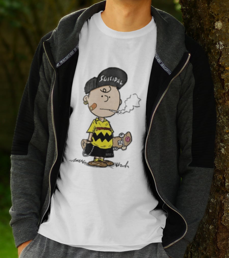 Charlie Brown Cartoon Boy Smoking Skateboard Punk Scumbag Thrasher T-Shirt