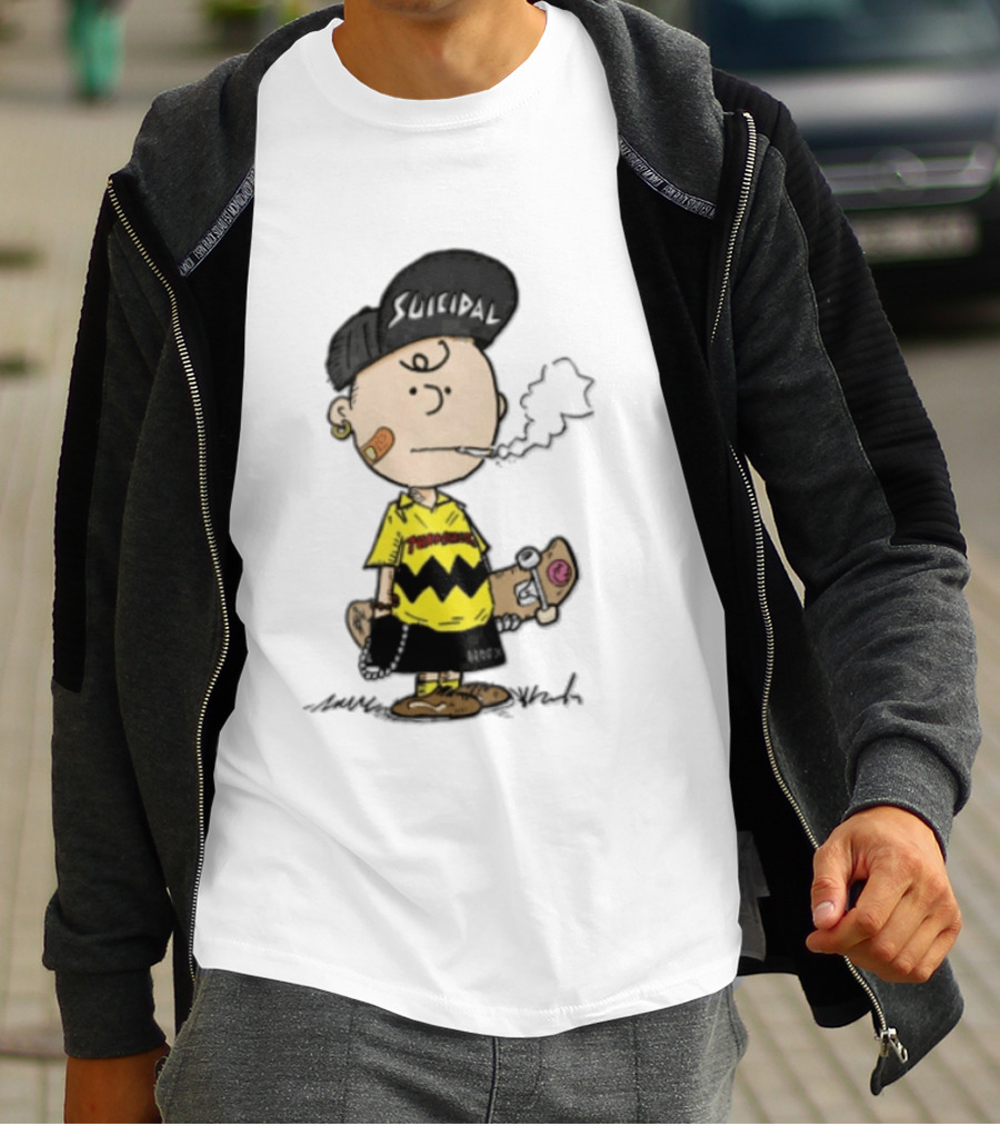 Charlie Brown Cartoon Boy Smoking Skateboard Punk Scumbag Thrasher T-Shirt