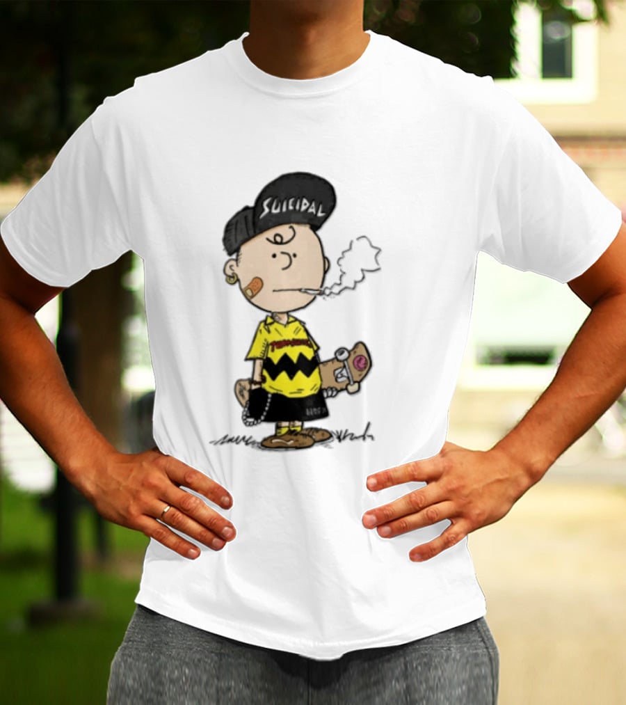 Charlie Brown Cartoon Boy Smoking Skateboard Punk Scumbag Thrasher T-Shirt