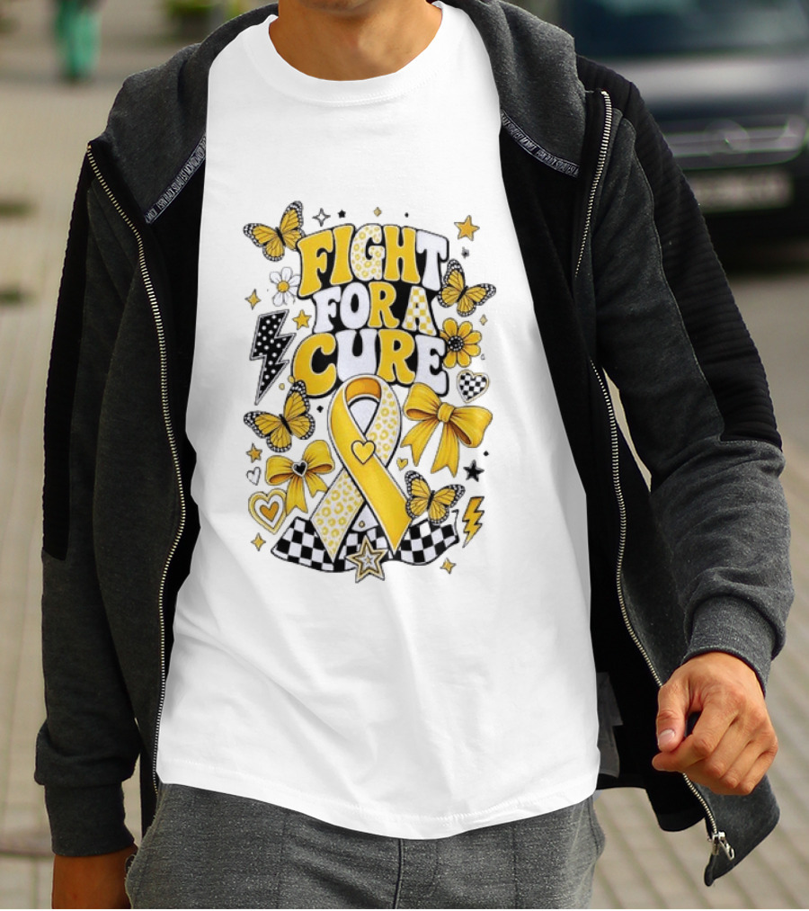Fight For A Cure Yellow Ribbon Awareness Butterfly And Bow T-Shirt