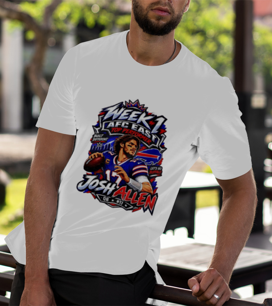 Week 1 AFC East Top Performer Josh Allen Built Different Let's Go Buffalo QB #17 T-Shirt