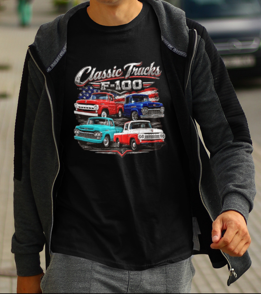 Classic Trucks F 100 Vintage Pickup American Flag T-Shirt