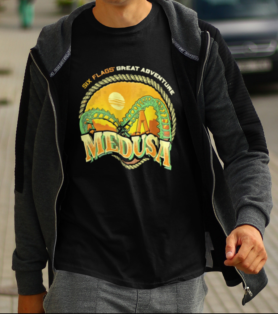 Six Flags Great Adventure Medusa Roller Loop Retro Sunburst T-Shirt