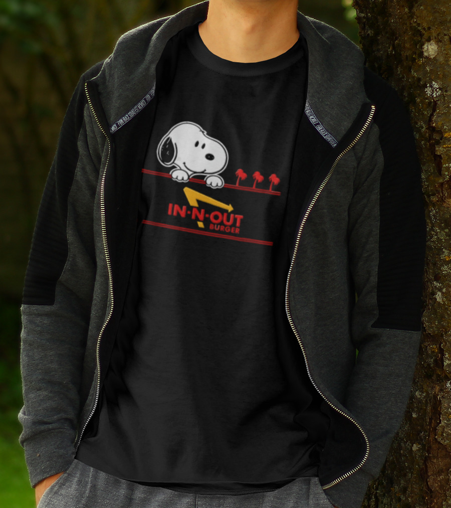 Snoopy Peeking Over In N Out Burger Red Lines With Palm Trees T-Shirt