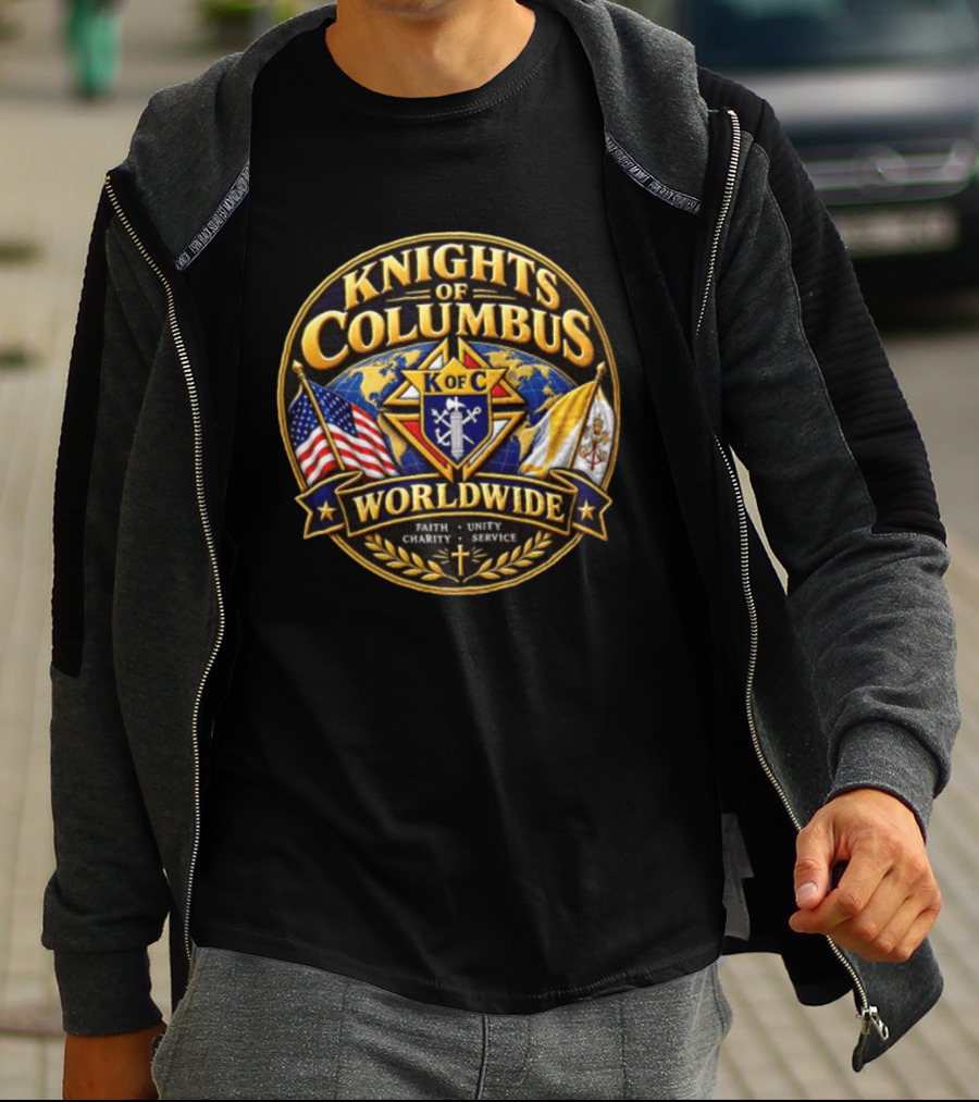 Knights Of Columbus K Of C Faith Unity Charity Service Worldwide With Flags And Cross T-Shirt