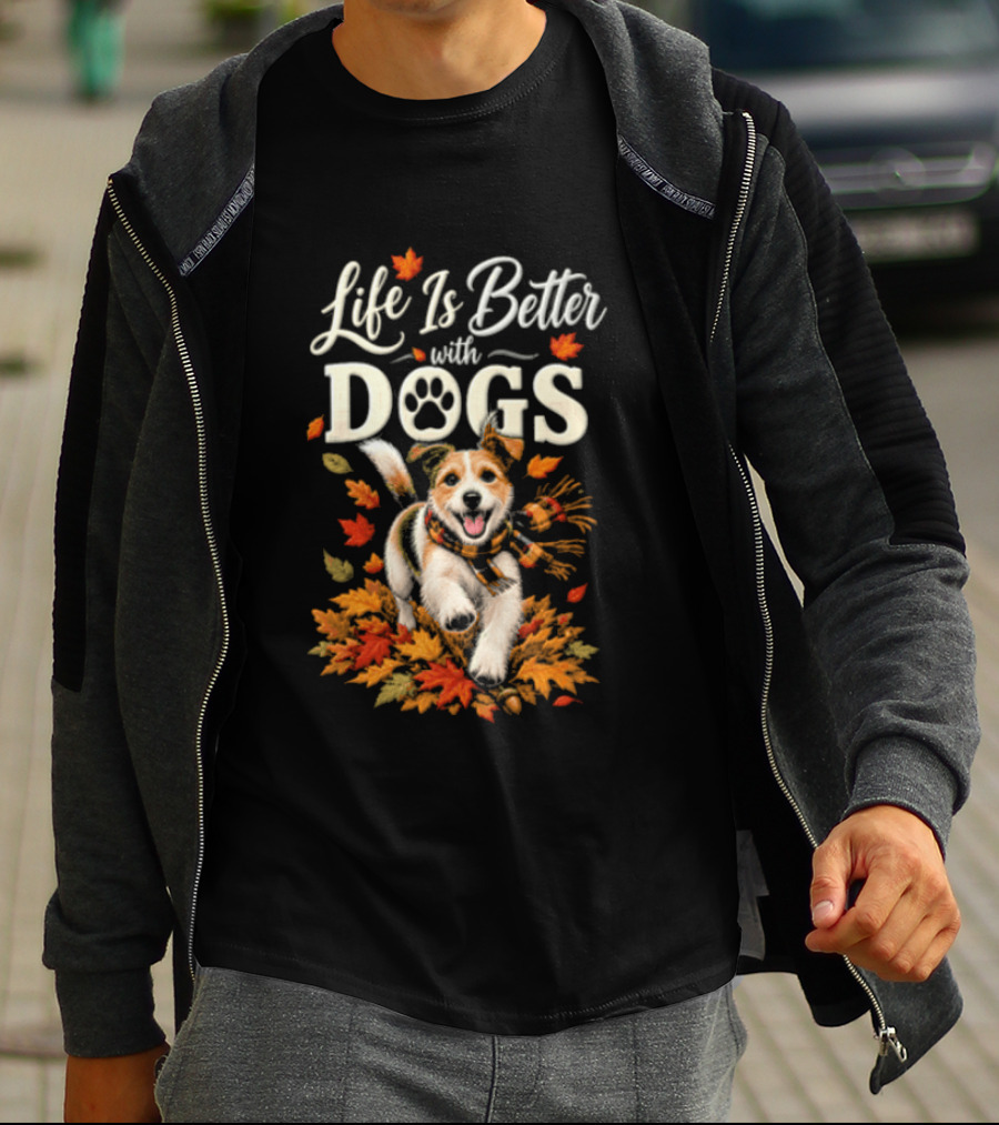 Life Is Better With Dogs Autumn Leaves Dog Paw T-Shirt