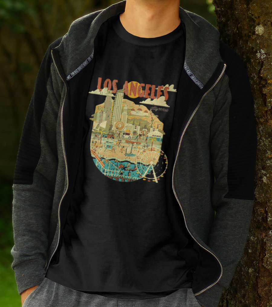 Los Angeles California Skyline Ferris Wheel And Beach Scene T-Shirt