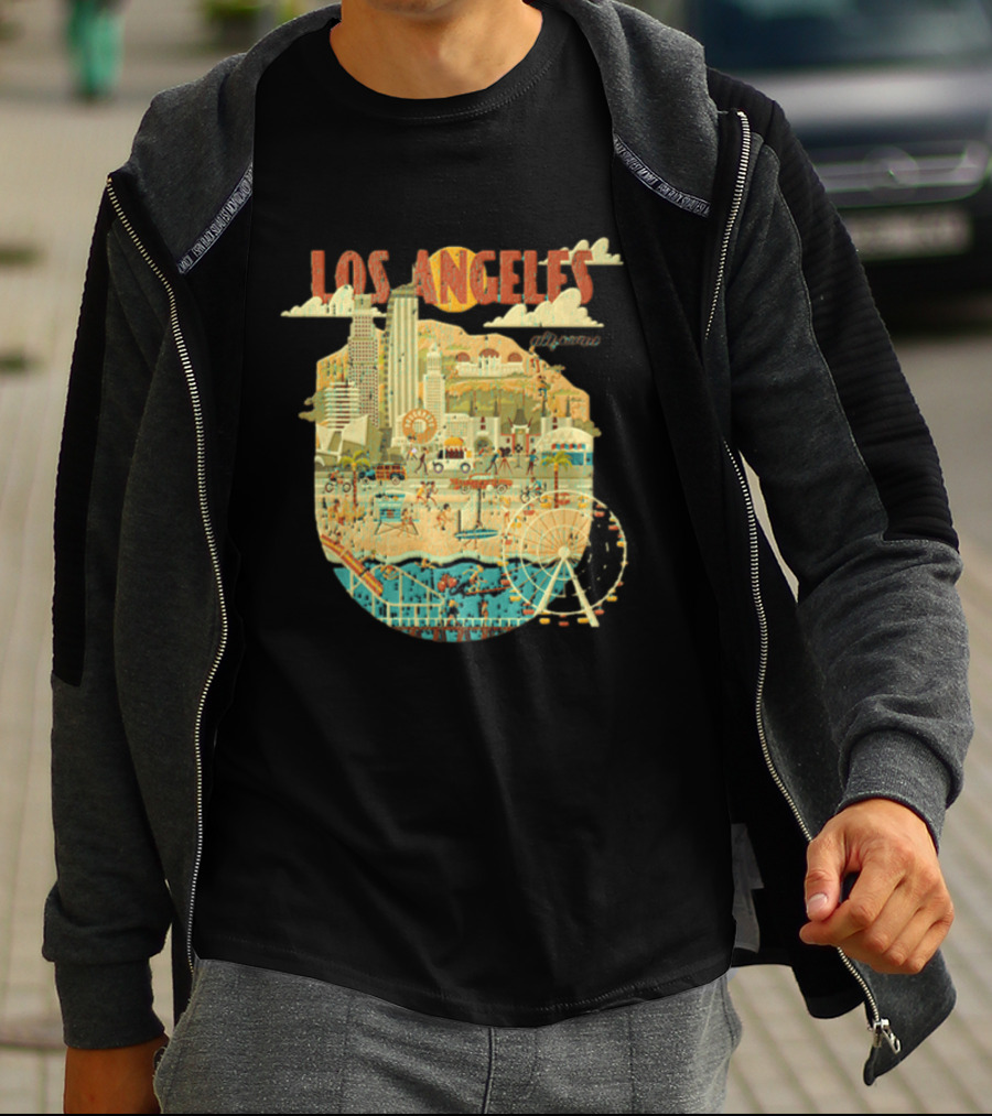 Los Angeles California Skyline Ferris Wheel And Beach Scene T-Shirt