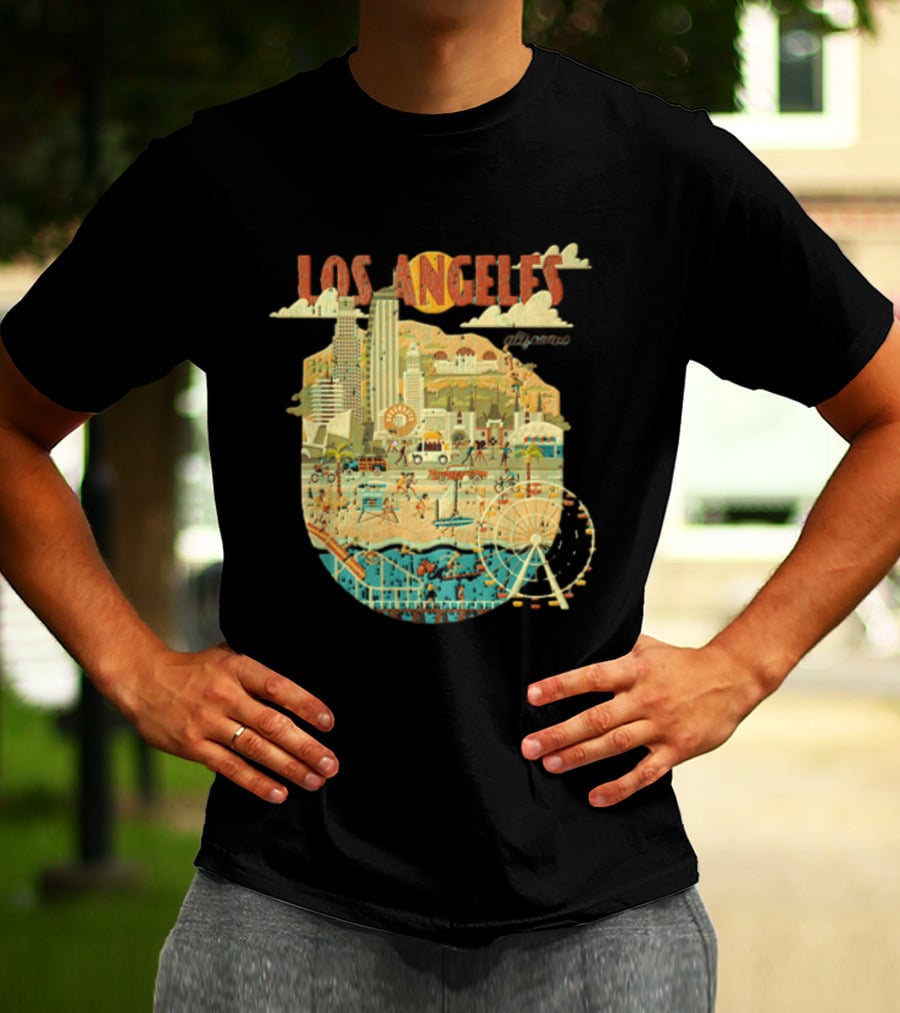Los Angeles California Skyline Ferris Wheel And Beach Scene T-Shirt