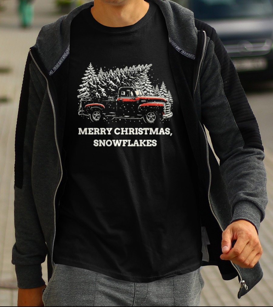 Merry Christmas Snowflakes Vintage Truck Winter Scene T-Shirt