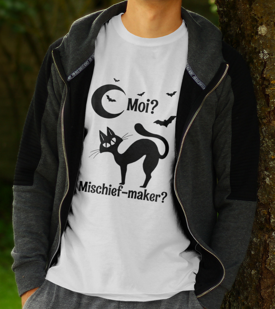 Moi Mischief Maker Black Cat Halloween Moon Bats T-Shirt