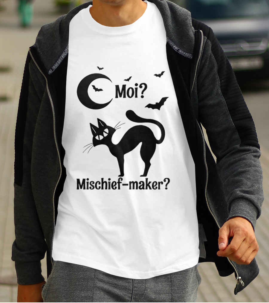 Moi Mischief Maker Black Cat Halloween Moon Bats T-Shirt