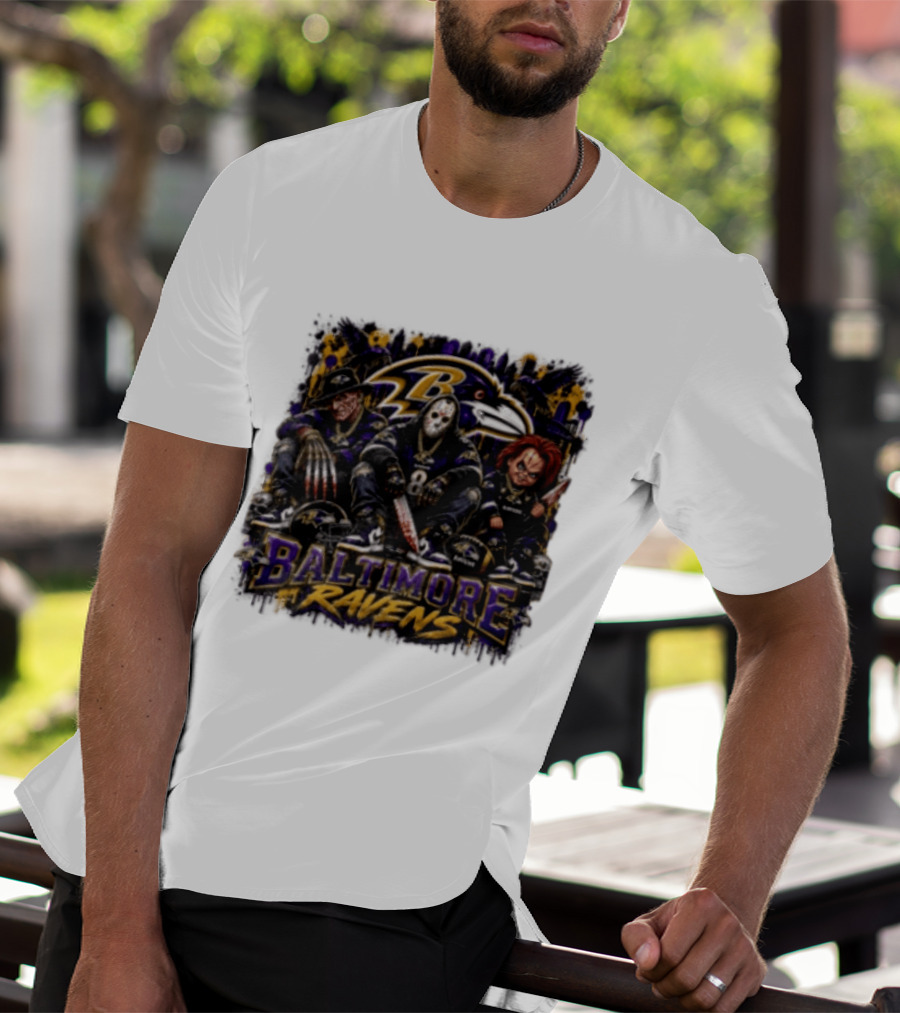 Freddy Krueger Jason Voorhees Chucky Baltimore Ravens Halloween Horror T-Shirt