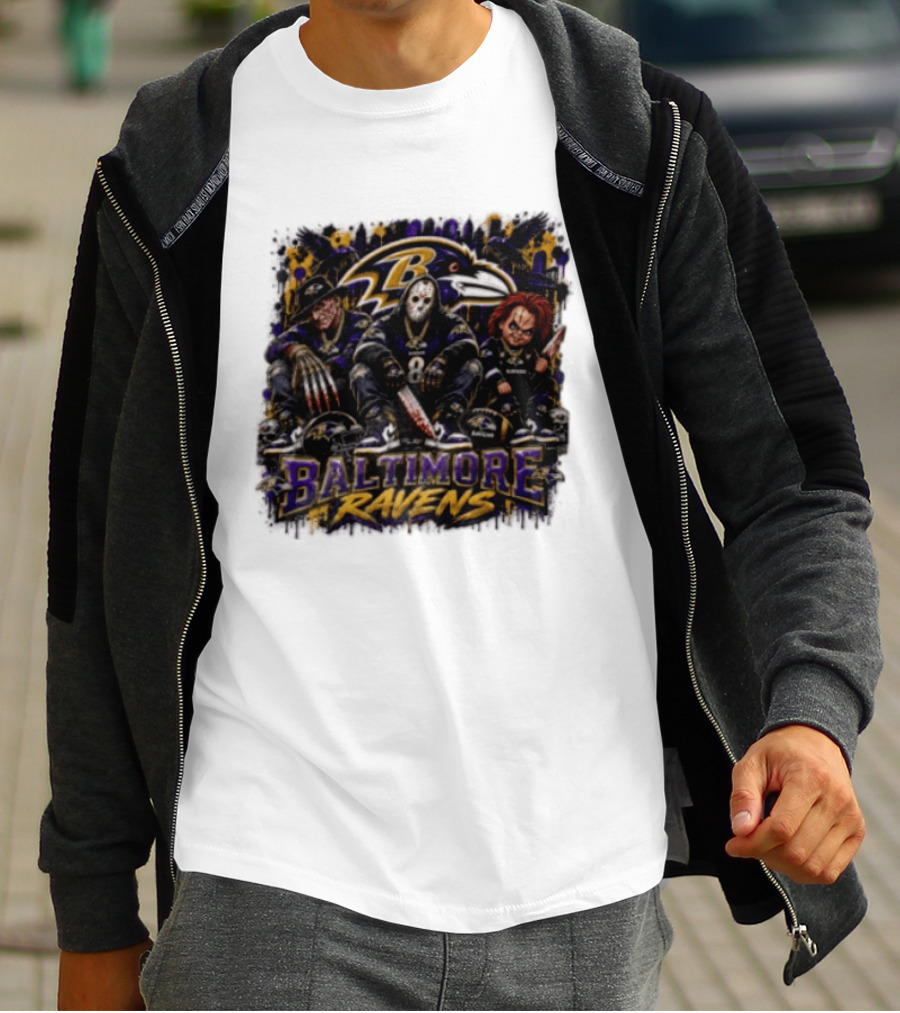 Freddy Krueger Jason Voorhees Chucky Baltimore Ravens Halloween Horror T-Shirt