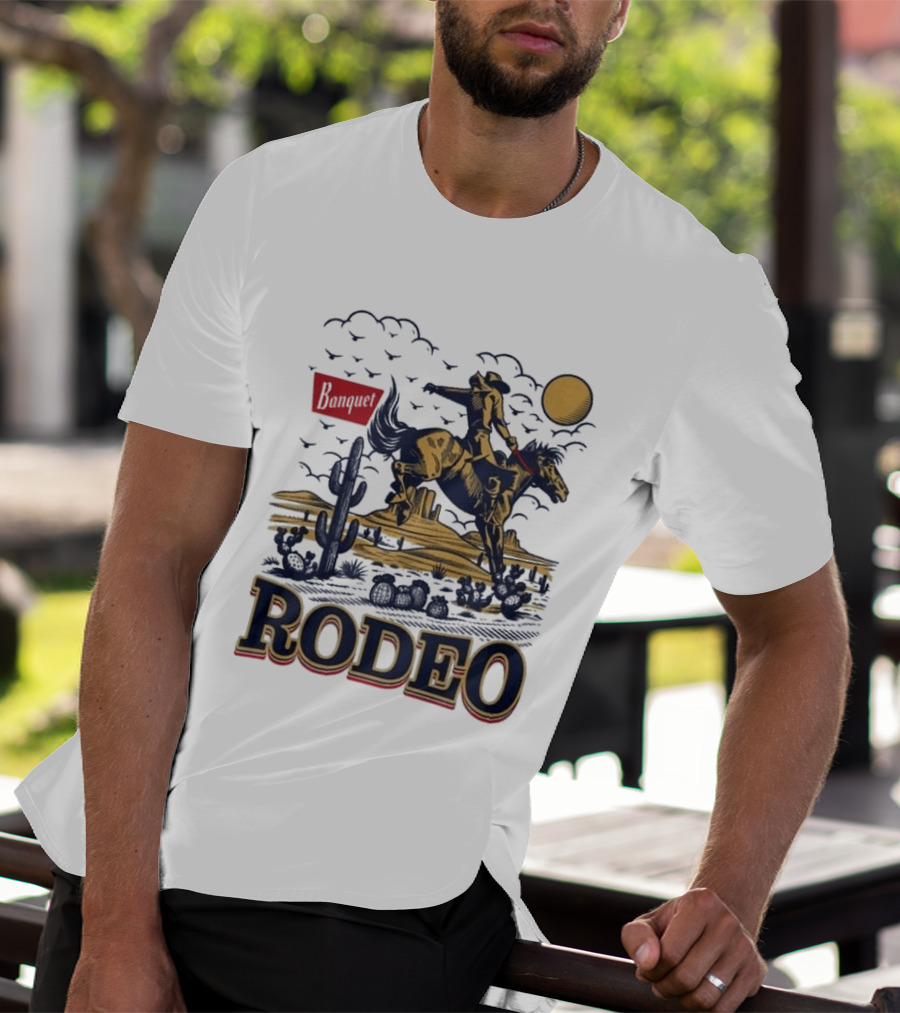 Western Rodeo Cowboy Desert Scene With Cactus And Mountains T-Shirt