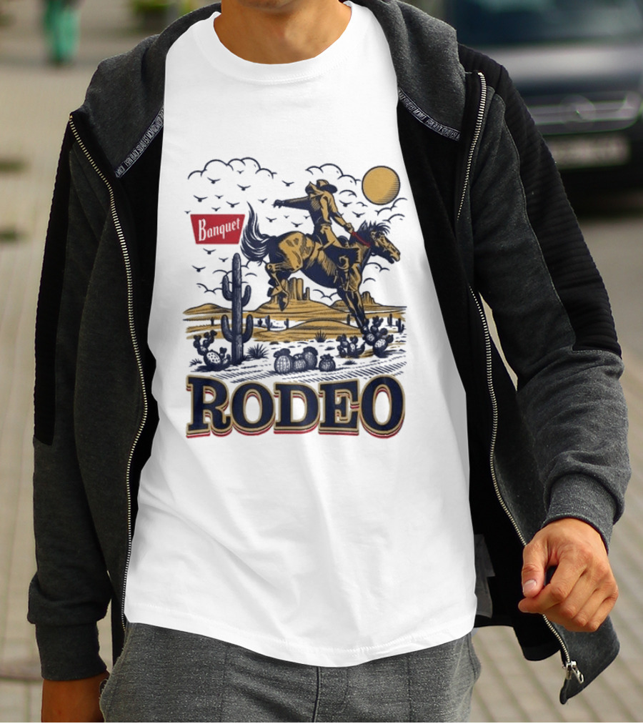 Western Rodeo Cowboy Desert Scene With Cactus And Mountains T-Shirt