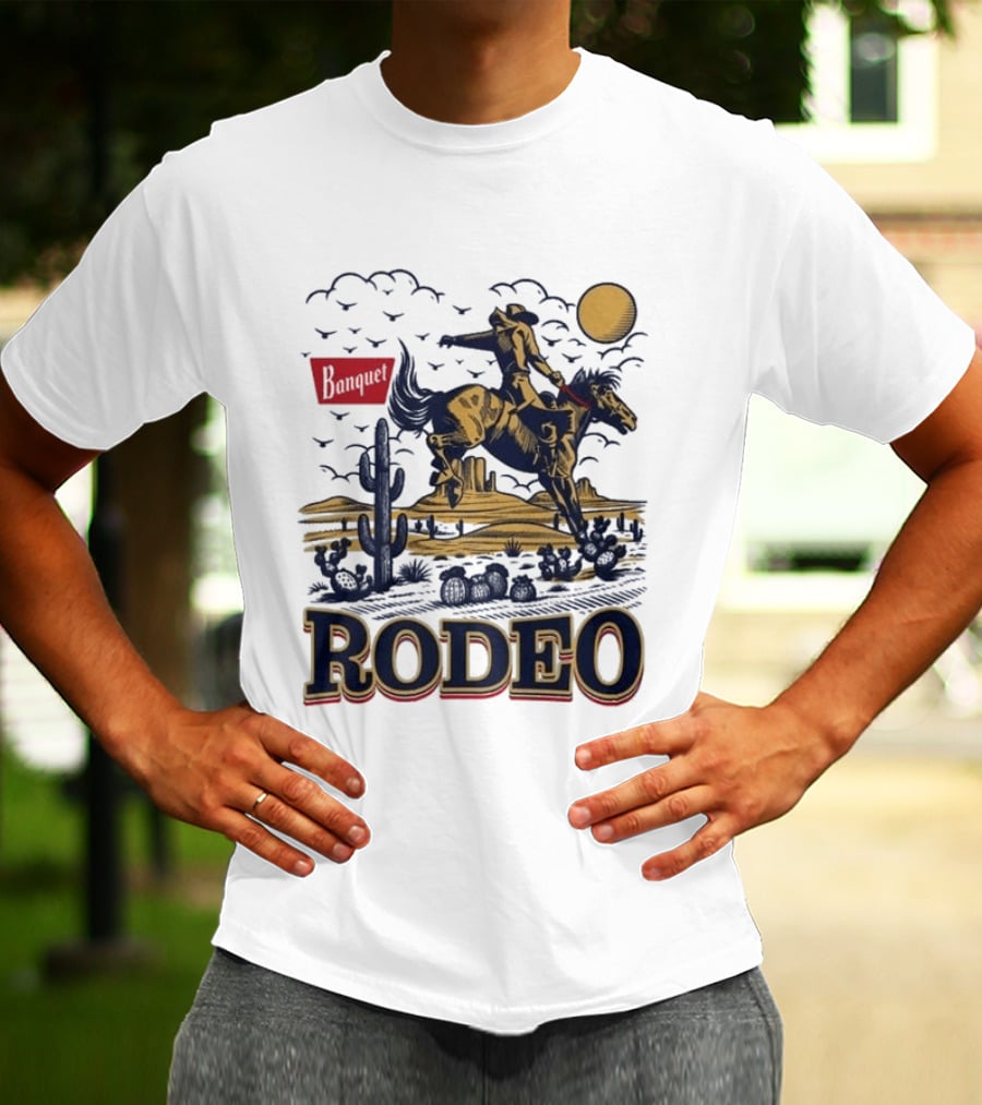 Western Rodeo Cowboy Desert Scene With Cactus And Mountains T-Shirt