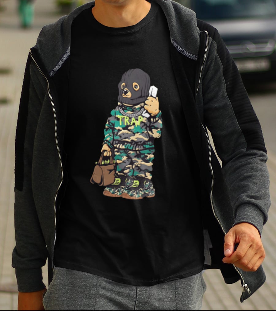 Bear Balaclava Camouflage Trap Outfit With Phone And Bag T-Shirt