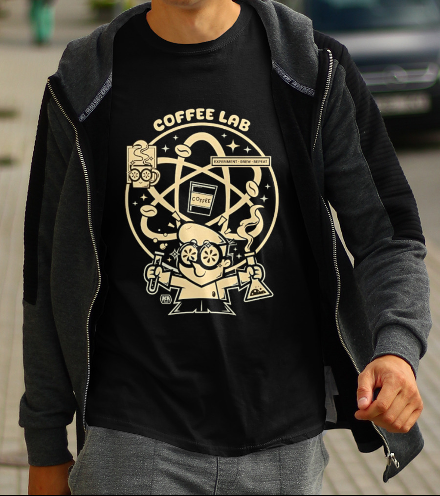 Coffee Lab Experiment Brew Repeat Dexter Scientist Atomic Coffee Cartoons T-Shirt