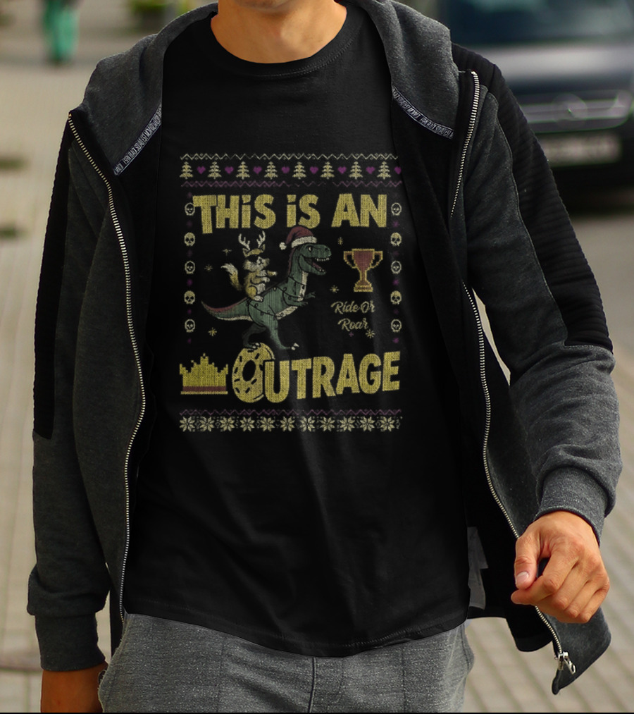Dungeon Crawler Carl This Is An Outrage Christmas Ugly Achievement Crown Trophy Dinosaur Santa Hat T-Shirt