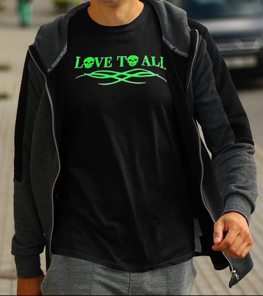 Love TO ALL Green Skulls Tribal Line Vibrant Neon Aesthetic T-Shirt