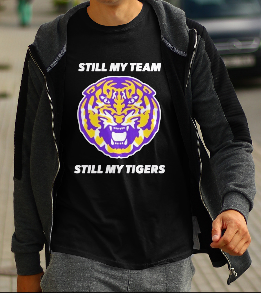 LSU Tigers Still My Team Still My Tigers Fierce Purple Gold Tiger Head T-Shirt