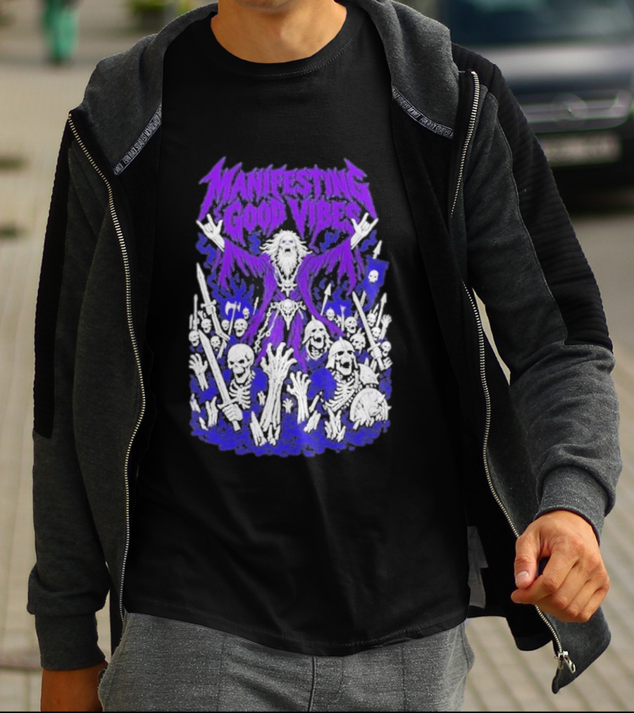 Manifesting Good Vibes Necromancer Skeleton Wizard T-Shirt