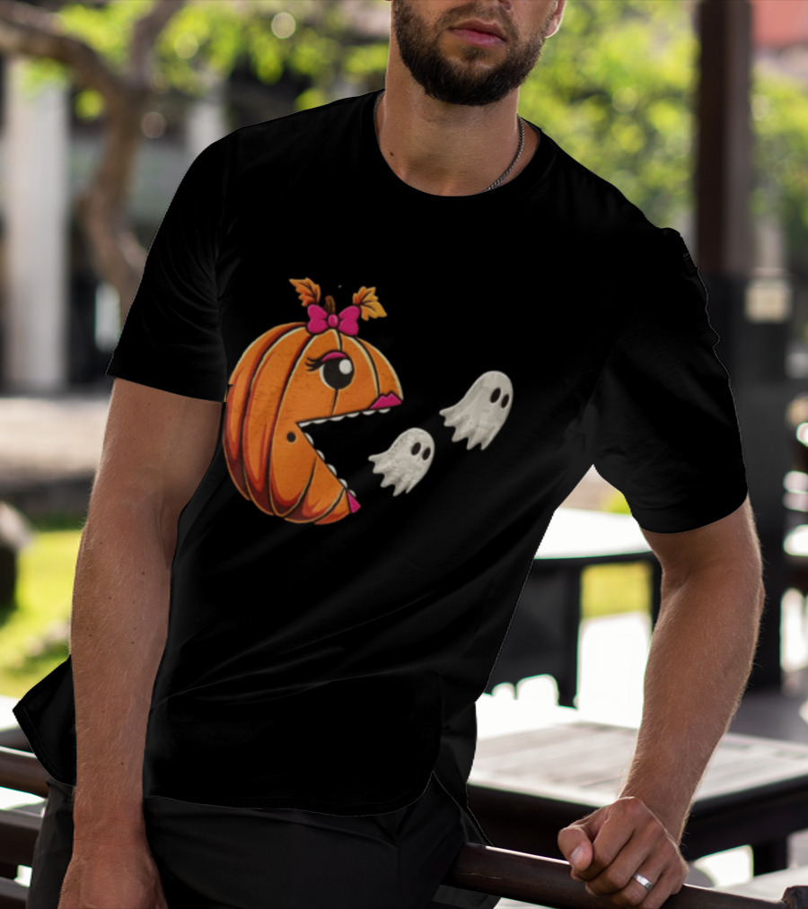Ms Pac Man Pumpkin Shape Halloween Ghosts T-Shirt