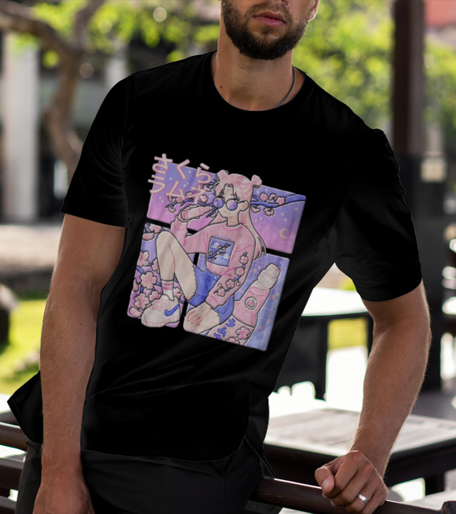 Anime Girl Drinking Pink Soda Sakura Blossoms Pastel Aesthetic T-Shirt