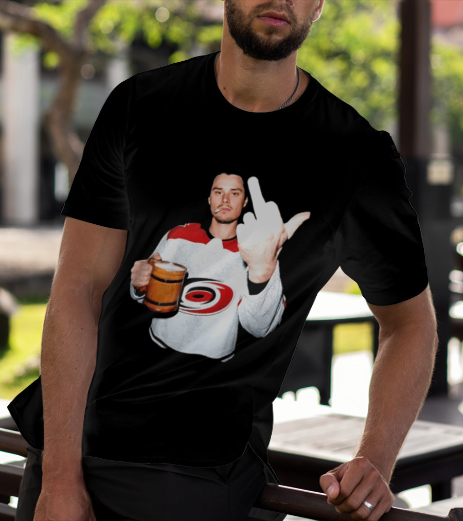Sebastian Aho Carolina Hurricanes Wooden Beer Middle Finger Gesture T-Shirt