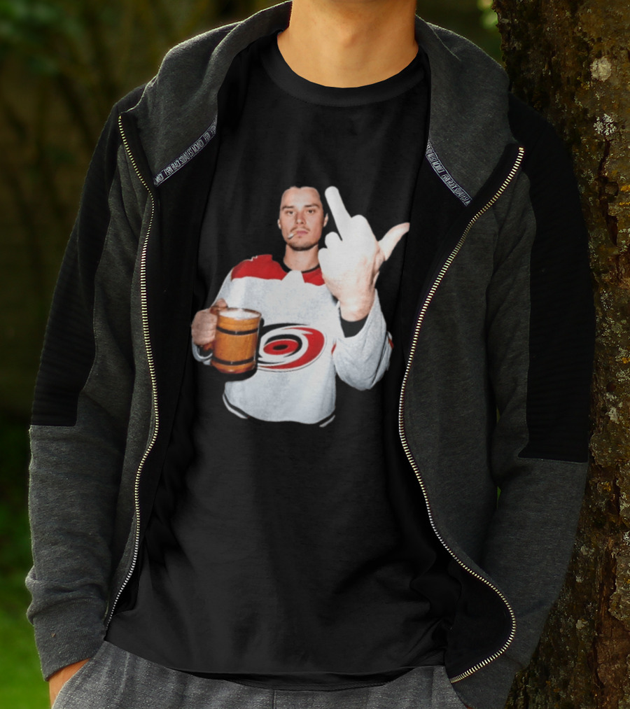 Sebastian Aho Carolina Hurricanes Wooden Beer Middle Finger Gesture T-Shirt