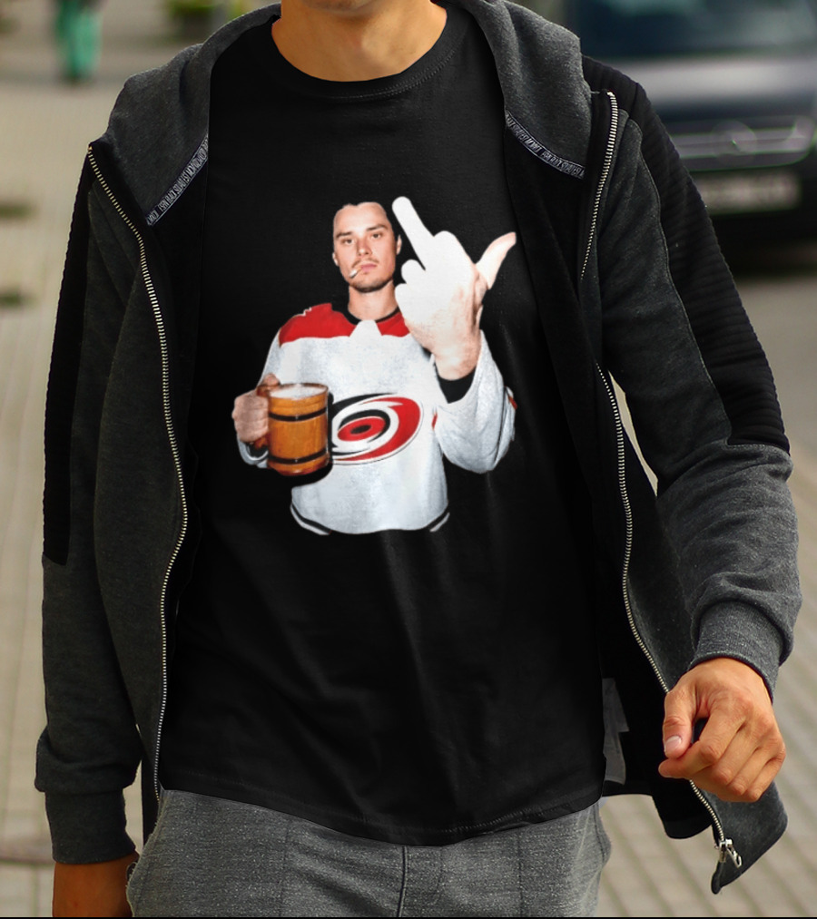 Sebastian Aho Carolina Hurricanes Wooden Beer Middle Finger Gesture T-Shirt