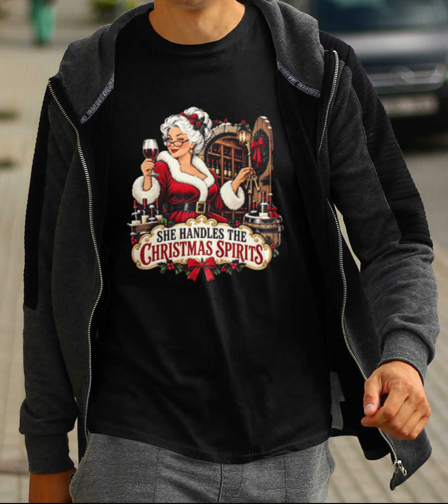 She Handles The Christmas Spirits Woman With Wine Glass In Festive Wine Cellar Scene T-Shirt