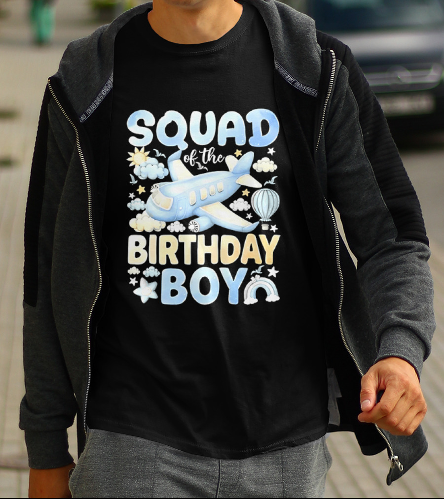 Squad Of The Birthday Boy Airplane Cloud Adventure With Stars And Balloons T-Shirt